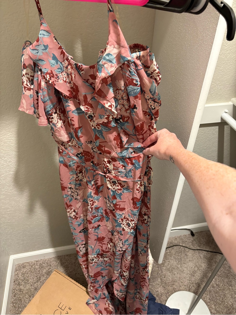 As U Wish Pink Floral Ruffle Maxi Dress with Blue Accents